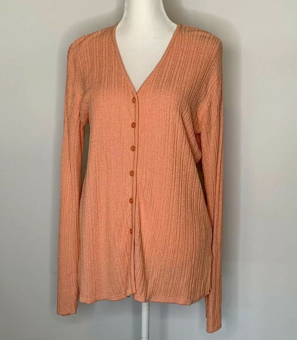 Vtg Evan Picone button front knit Sweater Cardigan Long Sleeve Peach V-neck Sz L